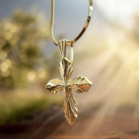 💛✨14K Yellow Gold Diamond-Cut Cross Slide Pendant Necklace - Picture 5 of 13